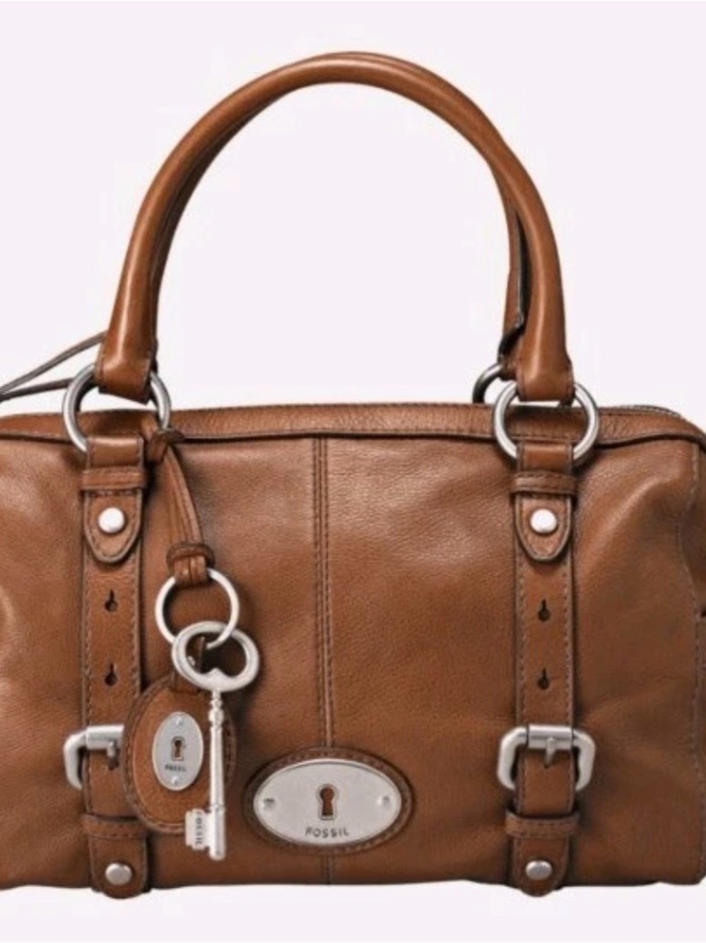 Fossil Mahogany Leather Satchel with Key Charm